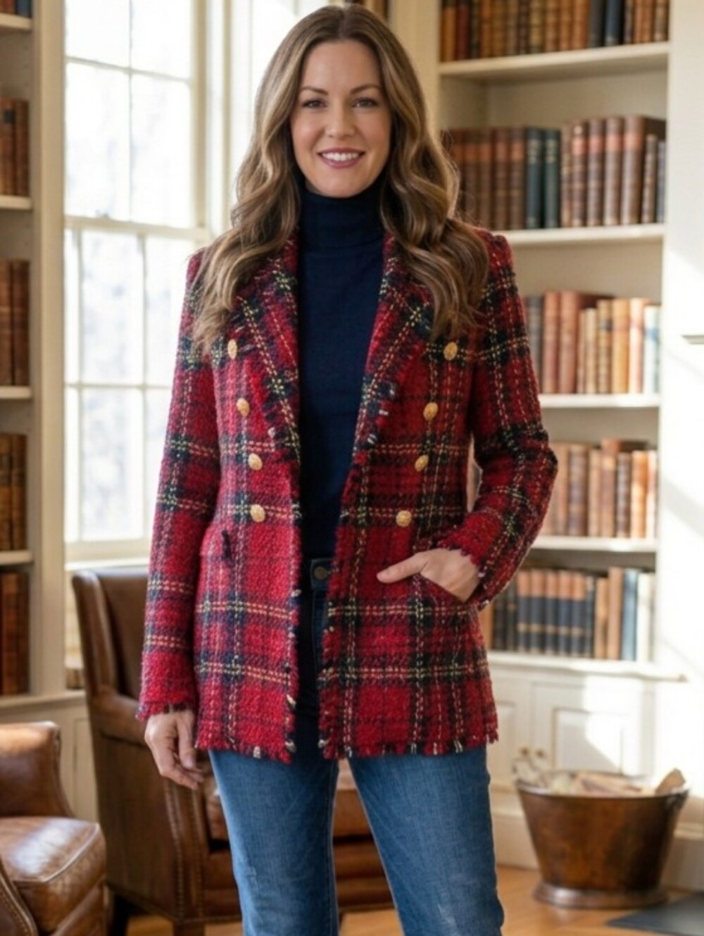 ZARA Red Navy Plaid Tweed Fringed Double Breasted Blazer - Size L